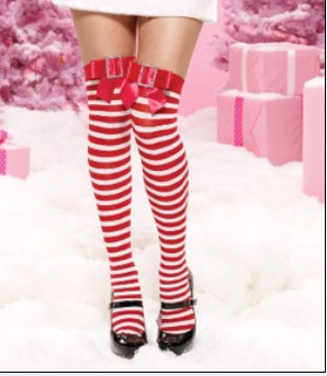 Red and white stripe thigh high Christmas stockings with red bowknot